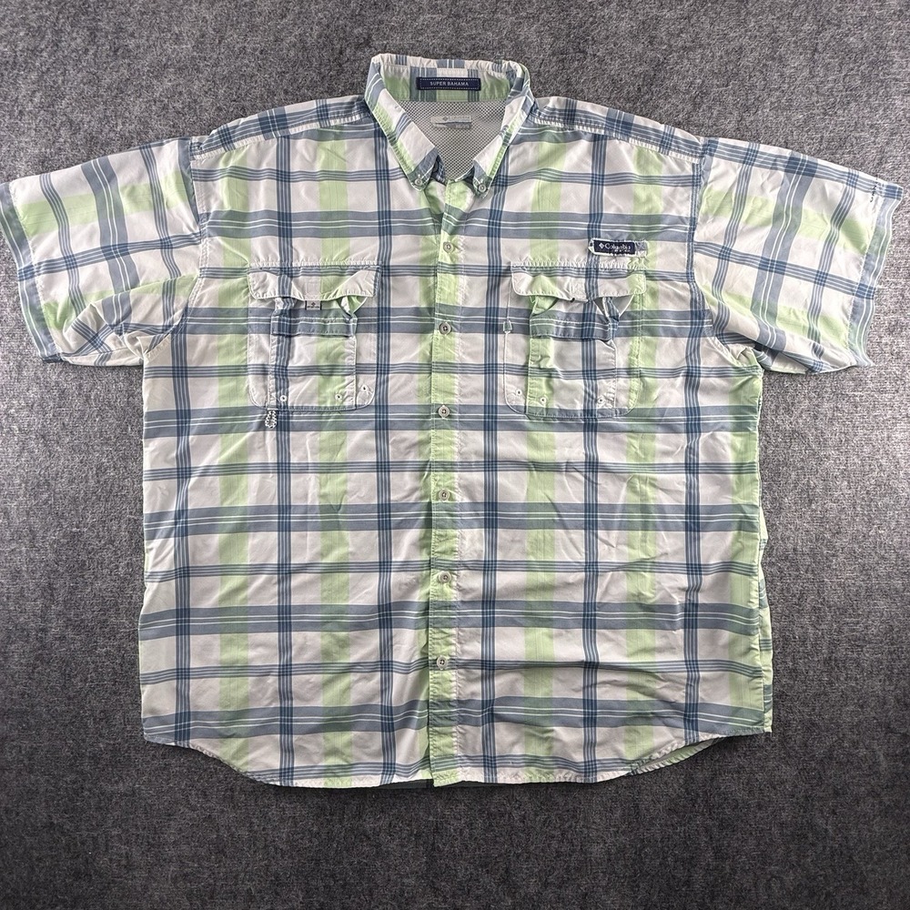 Columbia‎ PFG Super Bahama Shirt Mens XXL Blue Green Plaid Fishing Vent